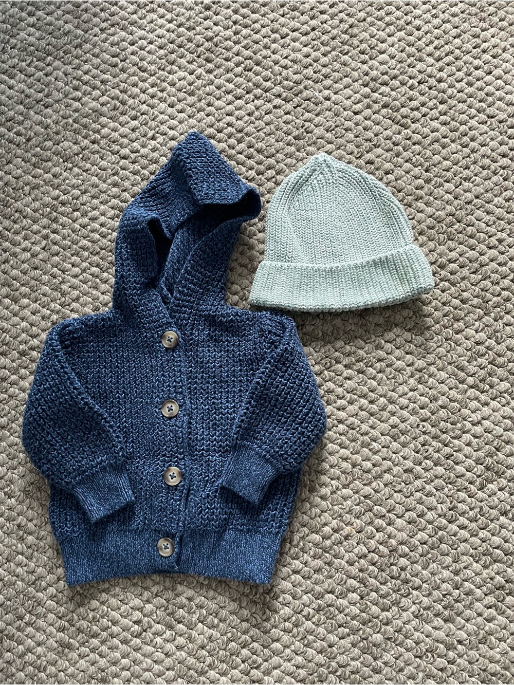 Old Navy Navy Hooded Knit Cardigan with Light Blue Knit Beanie